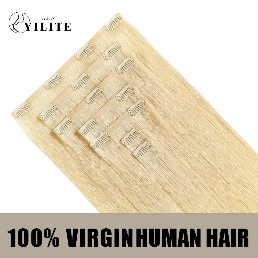 Back View of Seamless Clip Ins 7Pcs 16 Clips Virgin Human Hair (#613) Bleach Blonde
