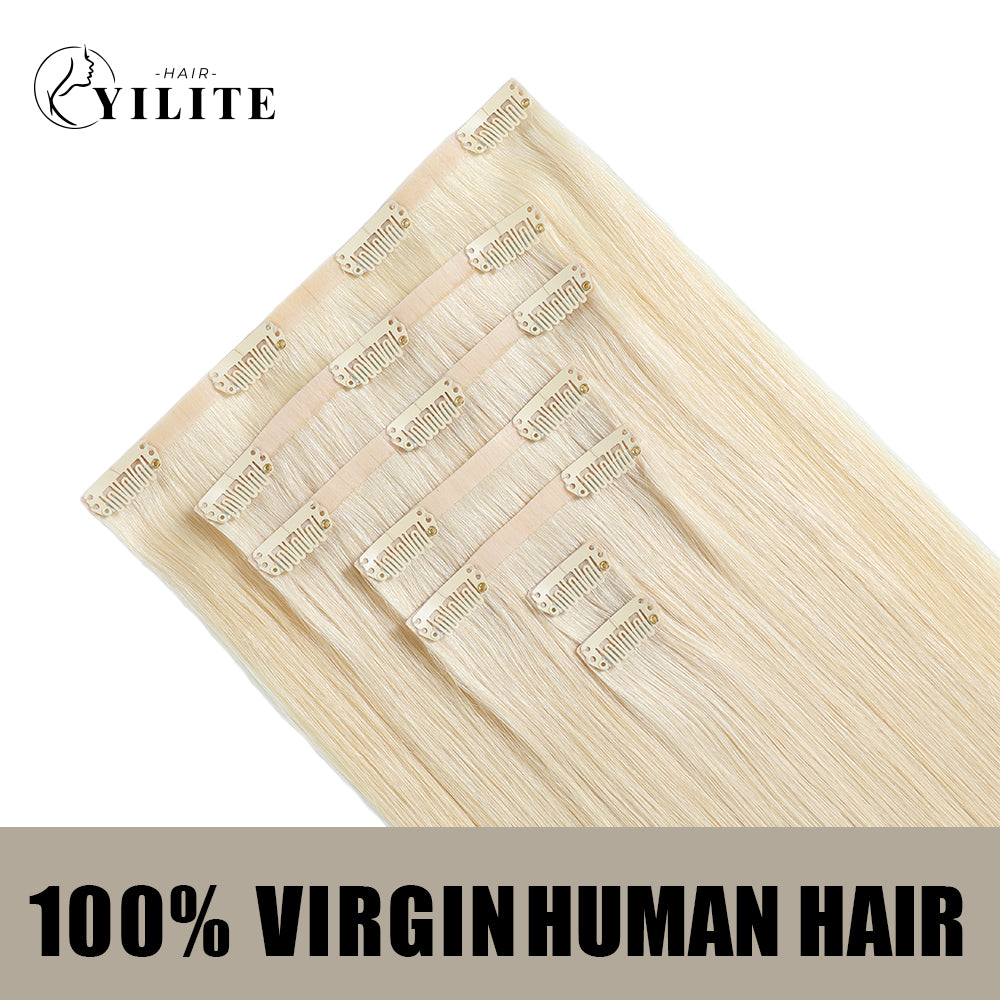 Back View of Seamless Clip Ins 7Pcs 16 Clips Virgin Human Hair (#60) Platinum Blonde