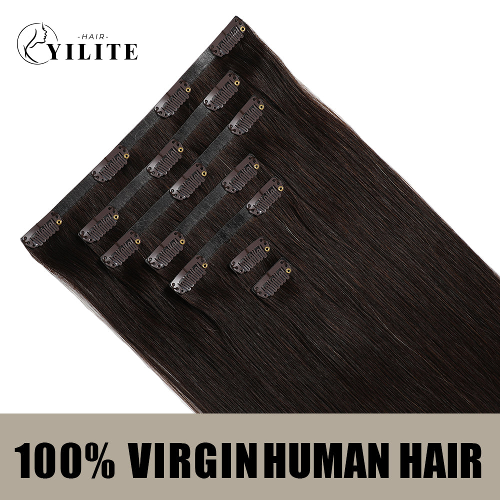 Back View of Seamless Clip Ins 7Pcs 16 Clips Virgin Human Hair (#2) Darkest Brown