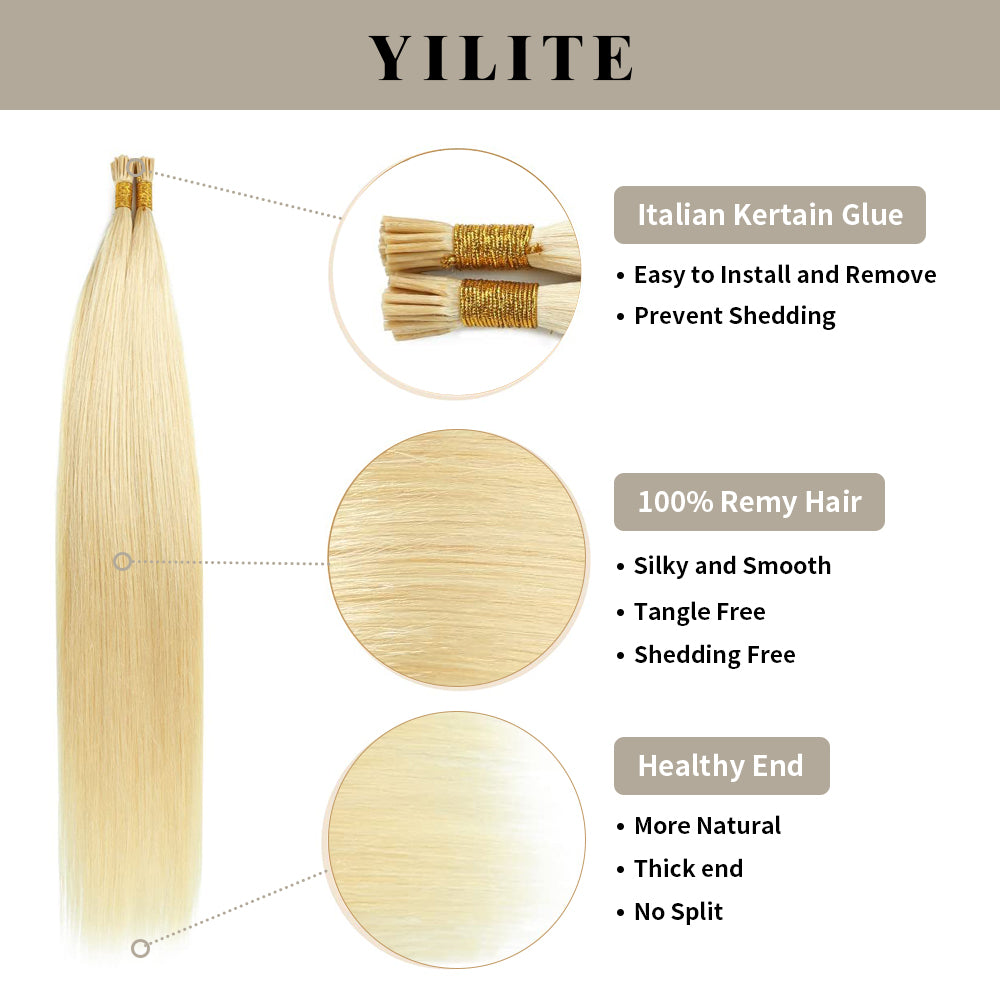 (#613) Bleach Blonde I Tip Extensions with Italian Keratin Glue, 100% Virgin Hair, Healthy Ends