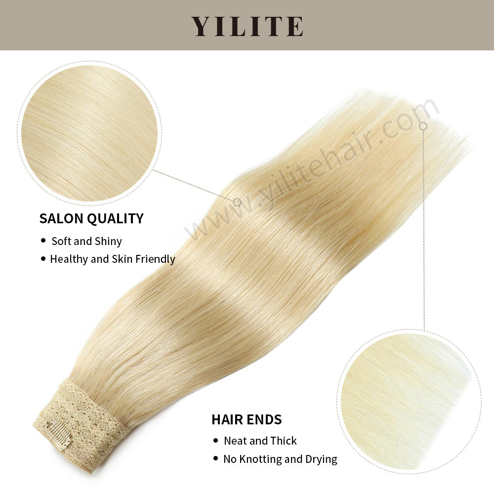 (#60) Platinum Blonde Invisible Wire Hair Extensions with Salon Quality and Thick Hair Ends