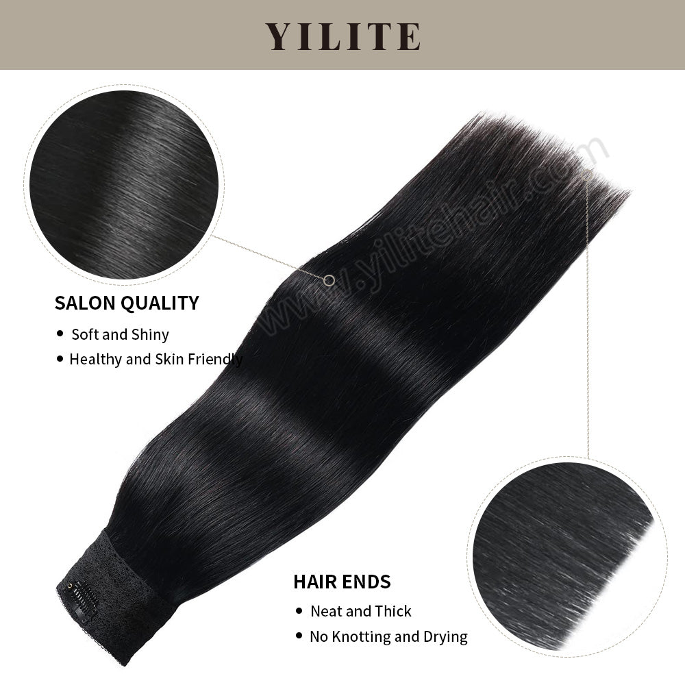 (#1) Jet Black Invisible Wire Hair Extensions with Salon Quality and Thick Hair Ends 