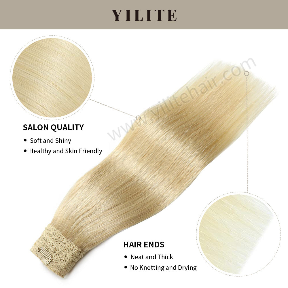 (#613) Bleach Blonde Invisible Wire Hair Extensions with Salon Quality and Thick Hair Ends