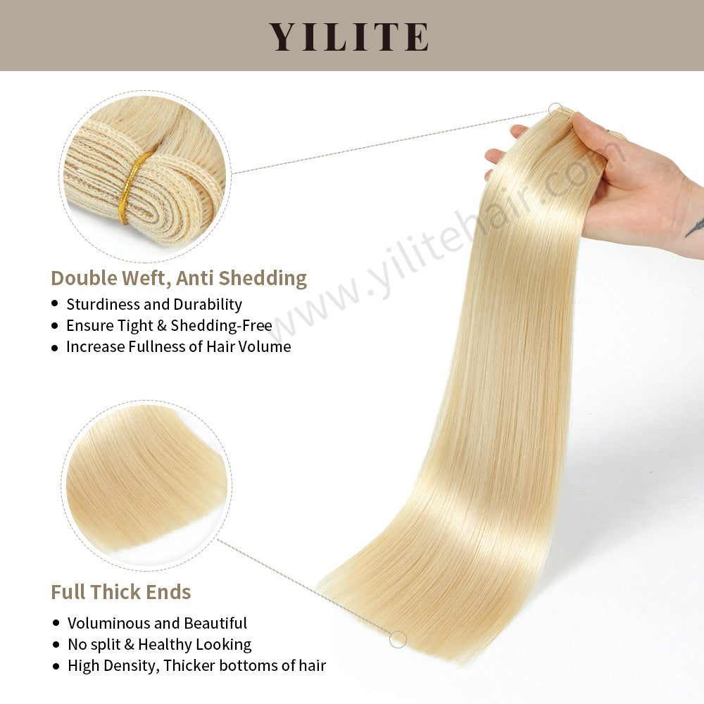 (#60) Platinum Blonde Double Weft Extensions: Anti-Shedding, High-Density with Thick Ends