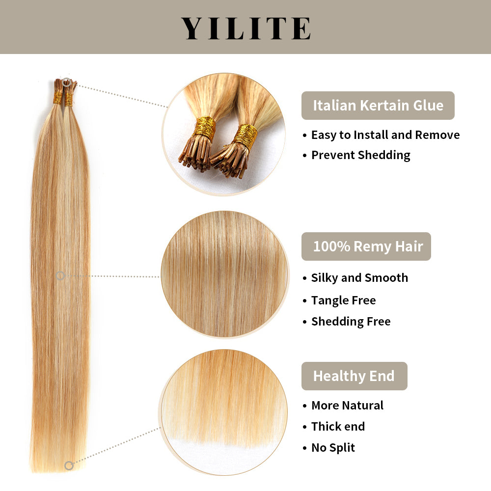 (#P27/613) U Tip Hair Extensions with Italian Keratin Glue, 100% Virgin Hair, Healthy Ends
