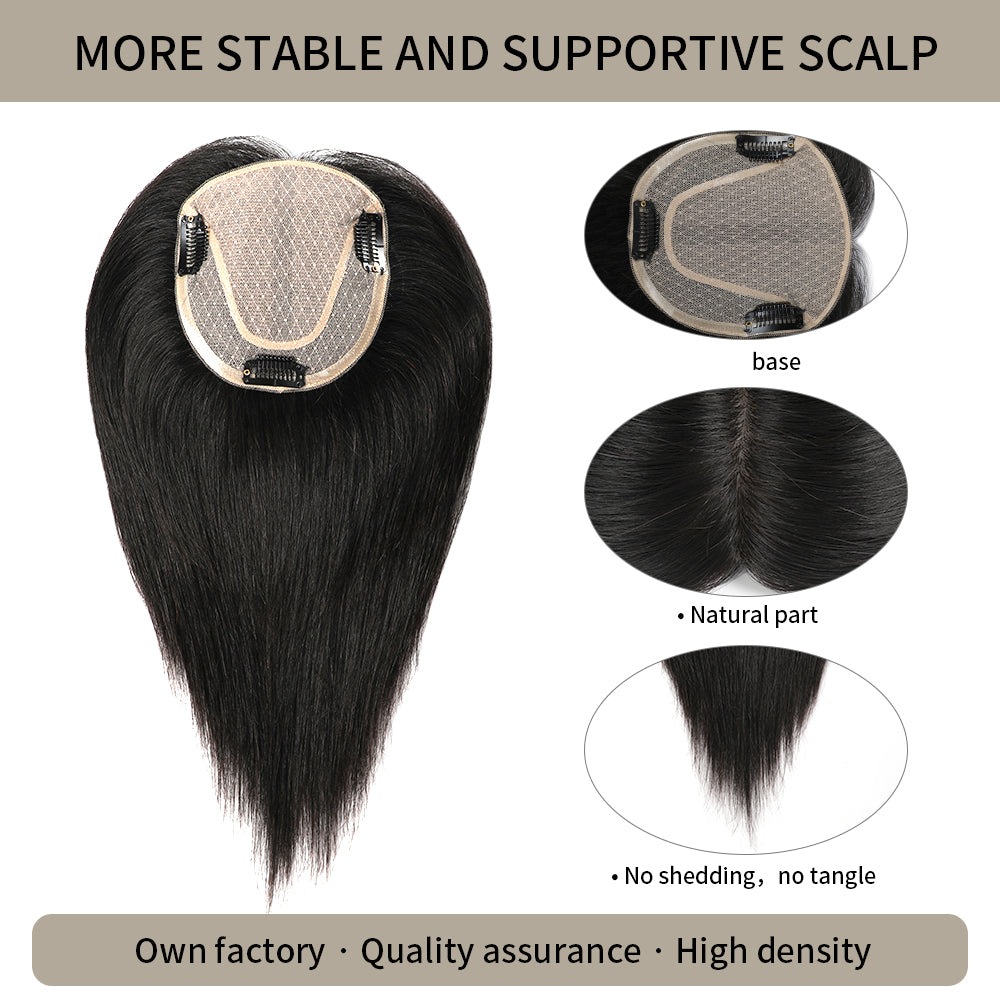 (#1) Jet Black Hair Topper with Silk Base, Natural Part and Thick Strands