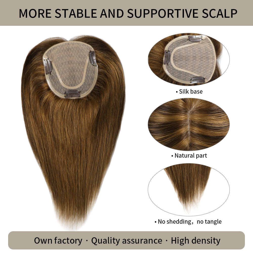 (#P10/4) Golden Brown Chocolate Brown Hair Topper with Silk Base and Thick Strands