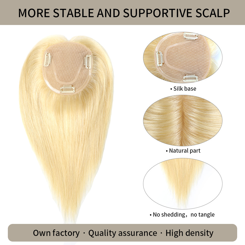 (#613) Bleach Blonde Hair Topper with Silk Base, Natural Part and Thick Strands