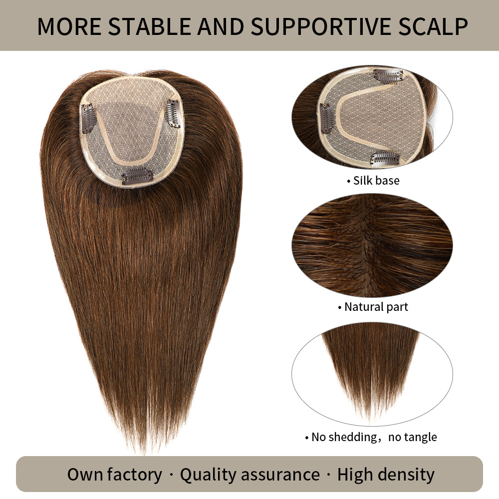 (#4) Chocolate Brown Hair Topper with Silk Base, Natural Part and Thick Strands