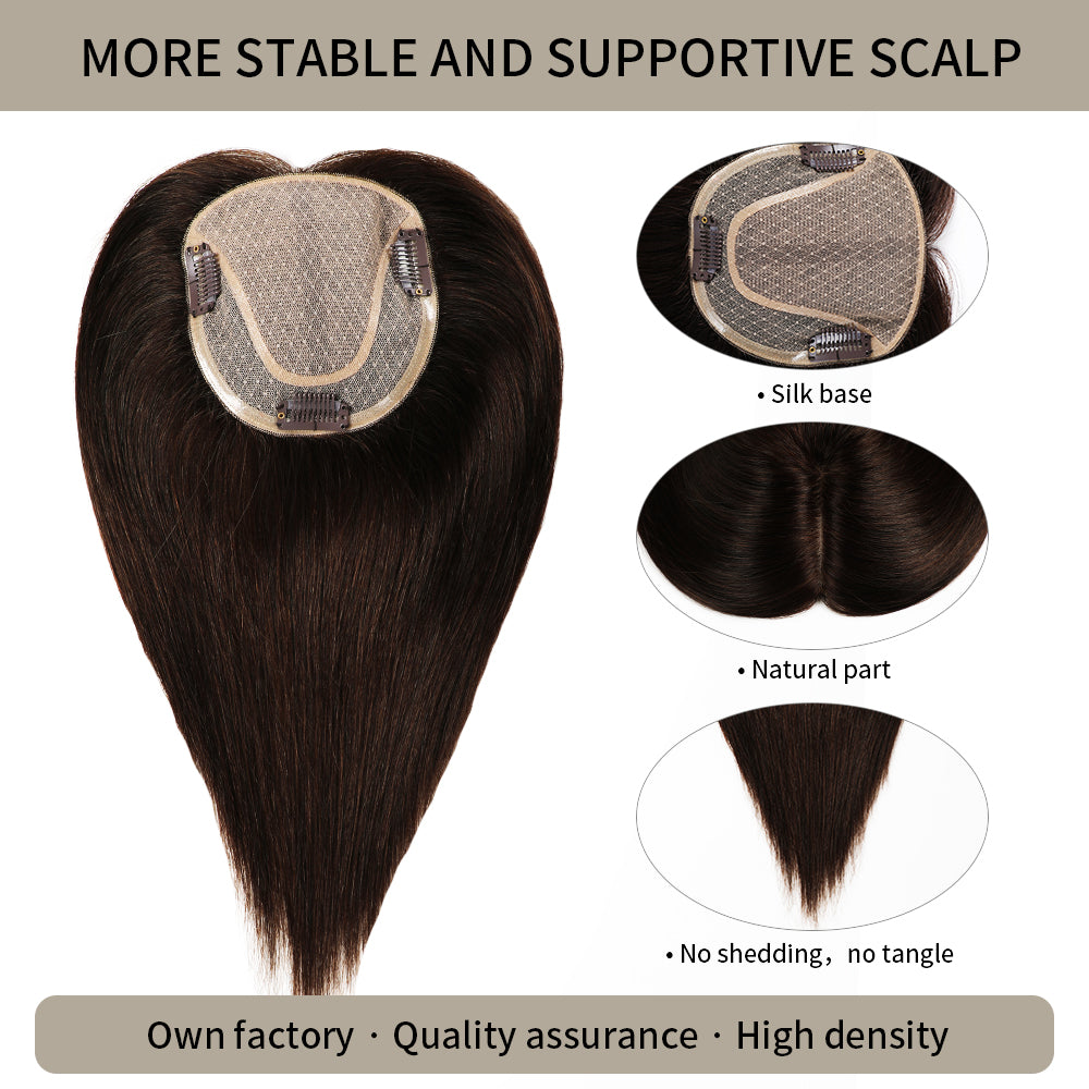 (#2) Darkest Brown Hair Topper with Silk Base, Natural Part and Thick Strands