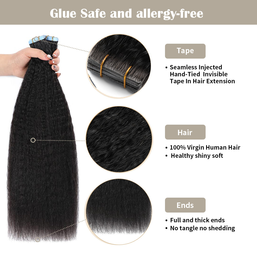 (#1B) Natural Black Kinky Straight Invisible Tape Ins with Safety Tapes and Full Hair Ends 