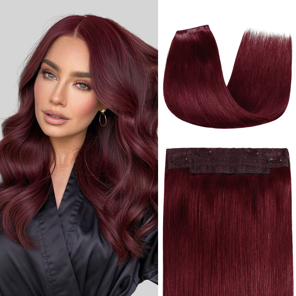Model Showcasing (#99J) Burgundy Invisible Wire Hair Extensions