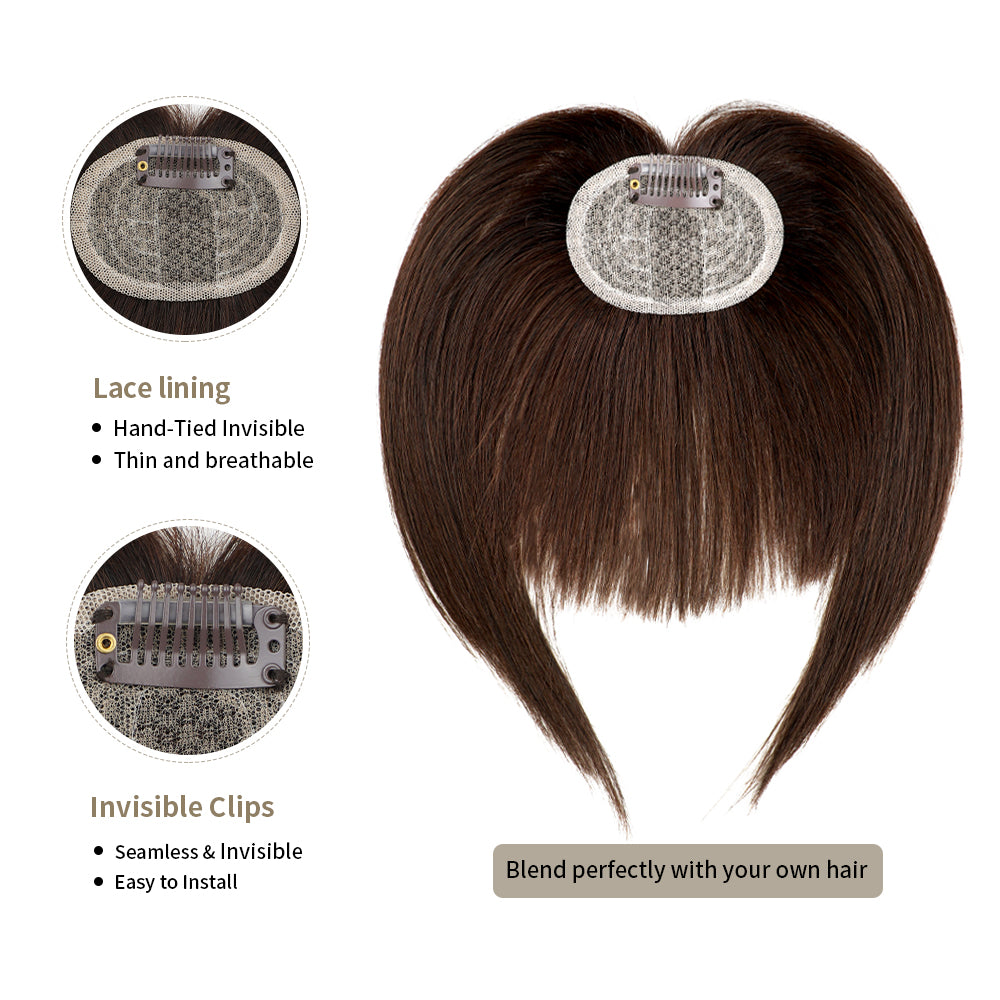 (#2) Darkest Brown Clip In Bangs with Lace Lining and Invisible Clips