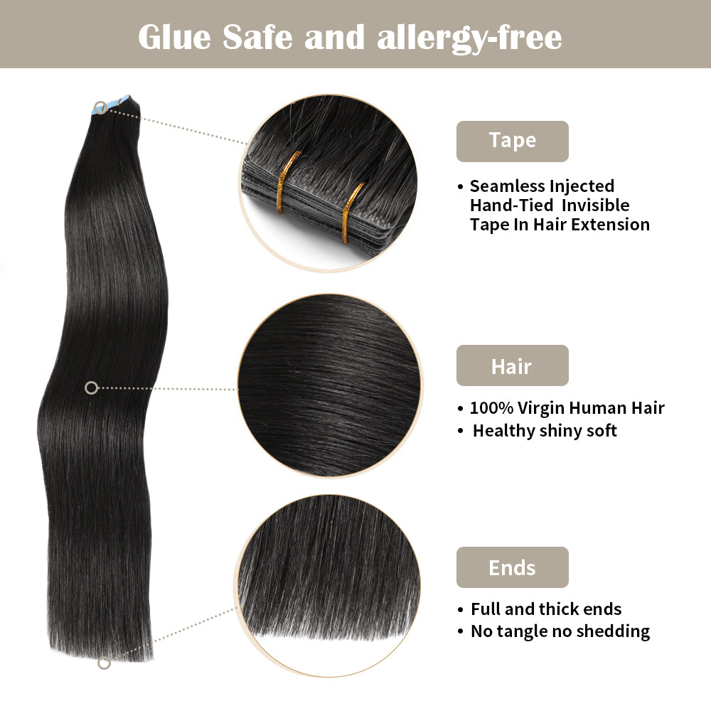 YiliteVip (#1) Jet Black Invisible Tape In Extensions 20Pcs