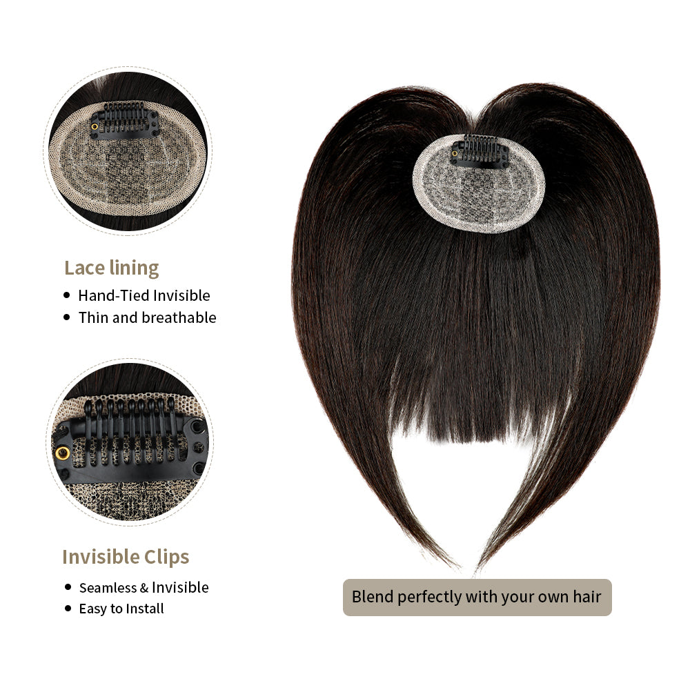 (#1B) Natural Black Clip In Bangs with Lace Lining and Invisible Clips