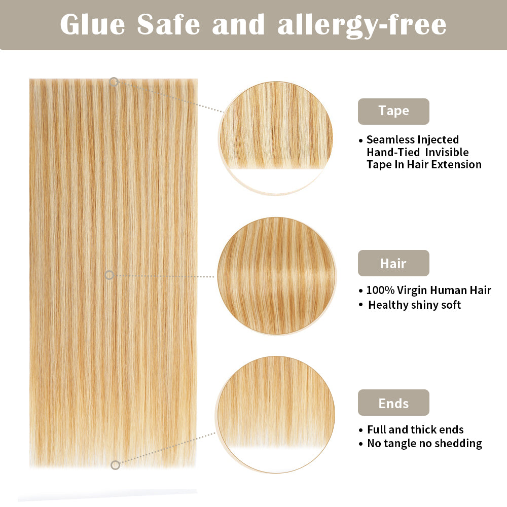 Details of (#P27/613) Tape Weft Hair Extensions: Seamless Tape, Virgin Hair, Thick Ends