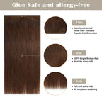 Details of (#4) Chocolate Brown Tape Weft Extensions: Seamless Tape, Virgin Hair, Thick Ends