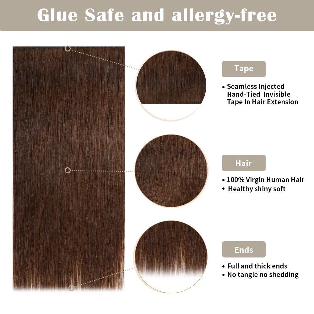 Details of (#4) Chocolate Brown Tape Weft Extensions: Seamless Tape, Virgin Hair, Thick Ends