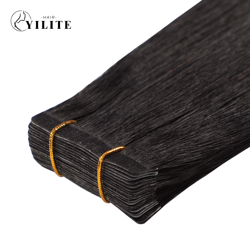 Close-up of (#1B) Natural Black Narrow Mini Tape In Hair Extensions 