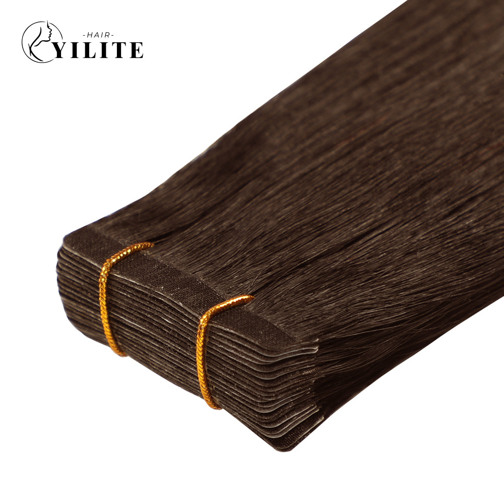 Close-up of (#4) Chocolate Brown Narrow Mini Tape In Hair Extensions 