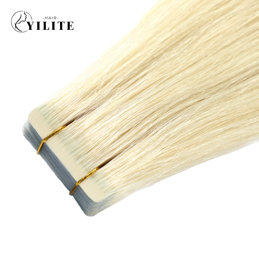 Close-up of (#60) Platinum Blonde Narrow Mini Tape In Hair Extensions 