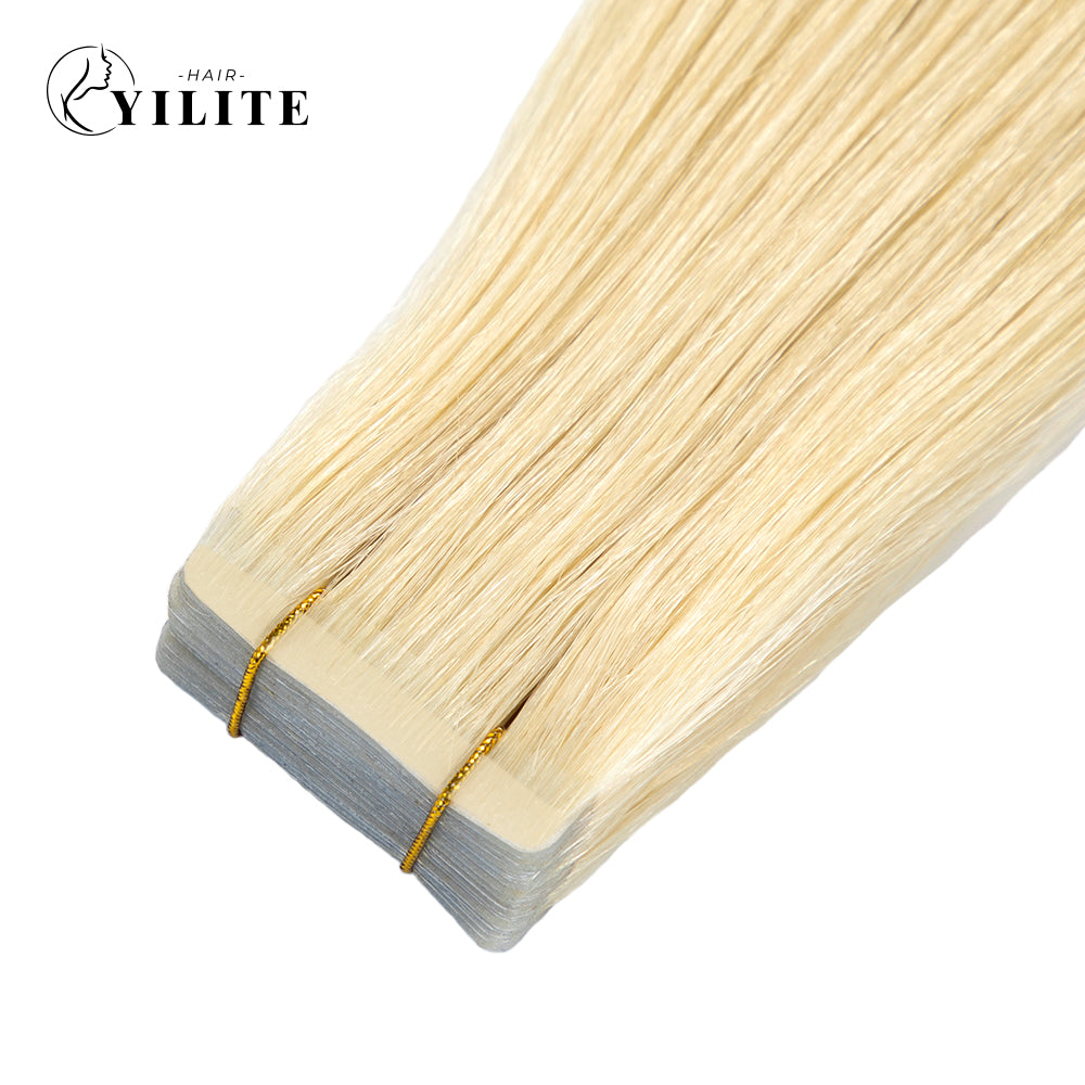 Close-up of (#613) Bleach Blonde Narrow Mini Tape In Hair Extensions 