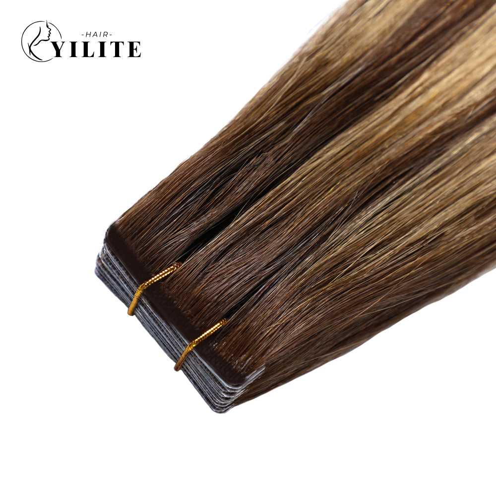 Close-up of (#P4/27/T4) Narrow Mini Tape In Hair Extensions 