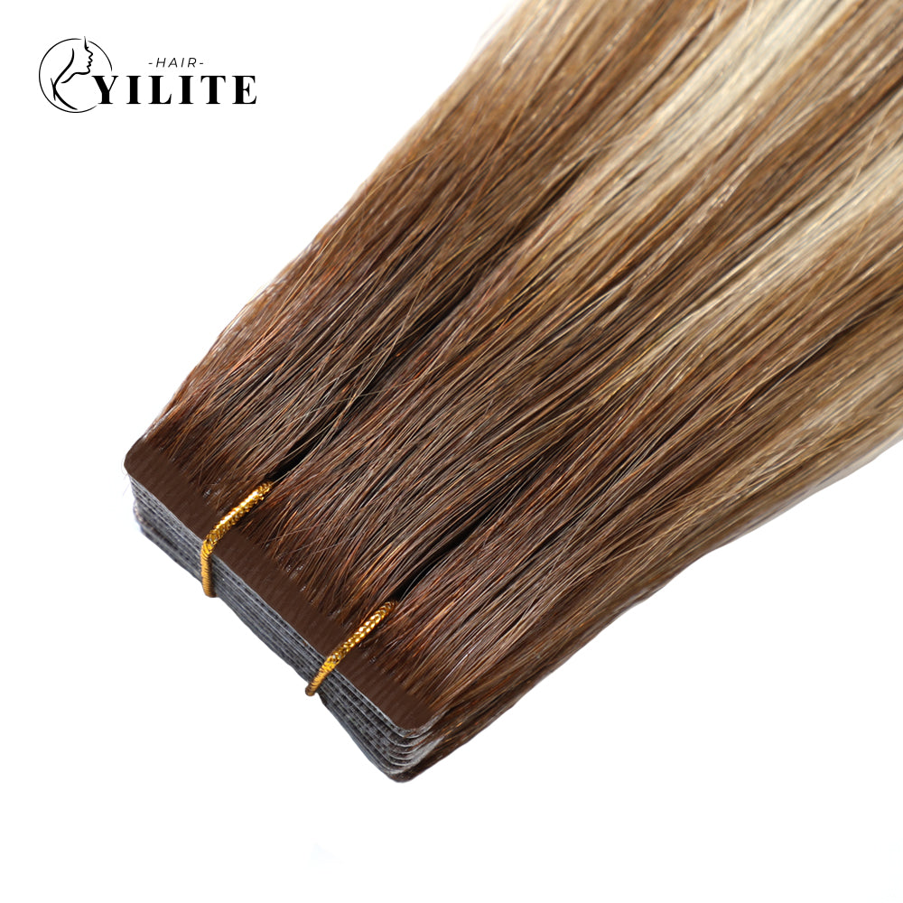 Close-up of (#P6/613/T4) Brown to Blonde Balayage Narrow Mini Tape In Hair Extensions 