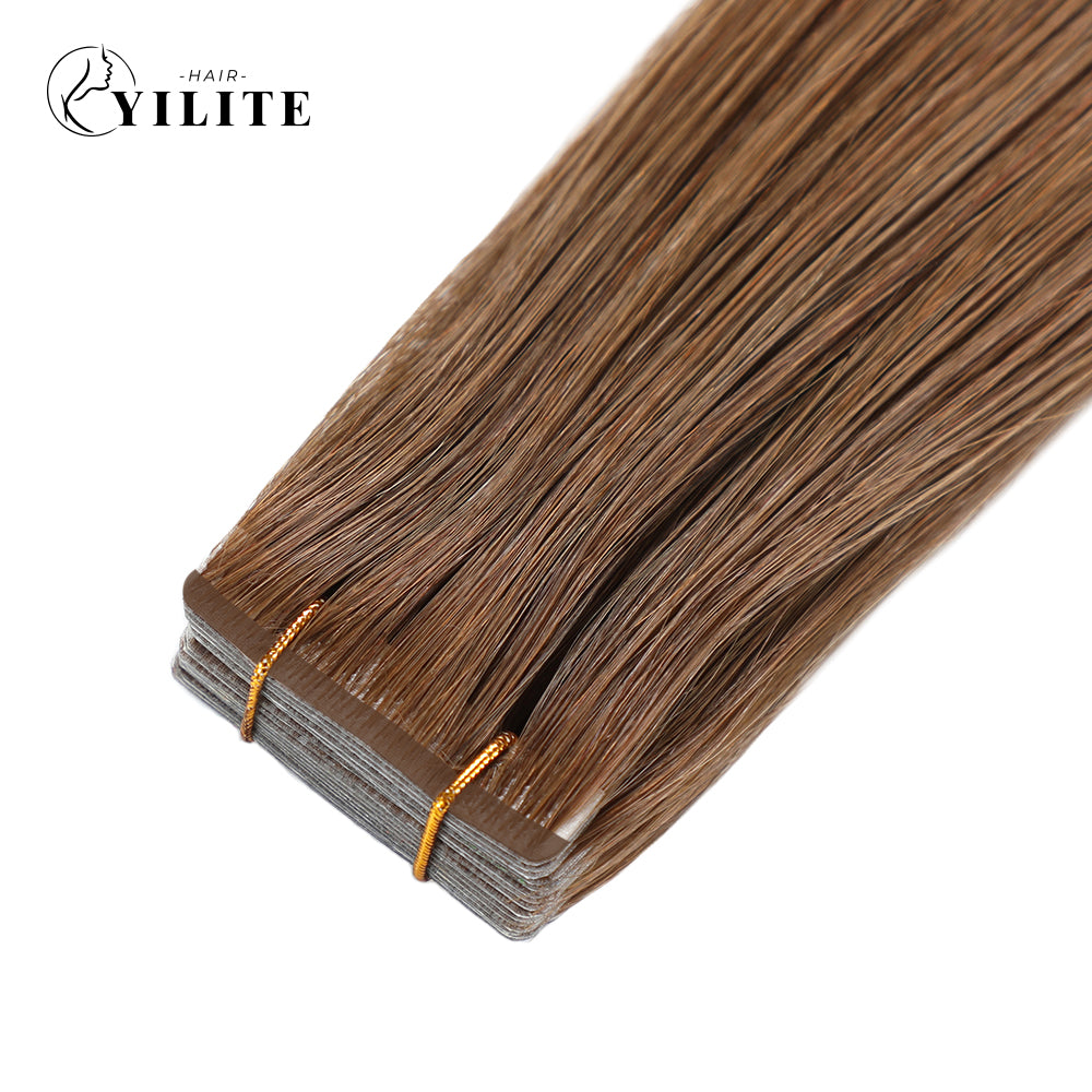 Close-up of (#6) Chestnut Brown Narrow Mini Tape In Hair Extensions 