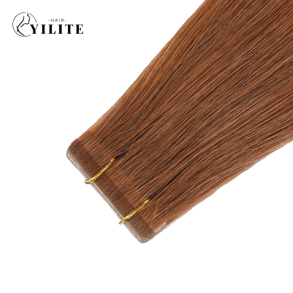 Close-up of (#33) Dark Auburn Narrow Mini Tape In Hair Extensions 