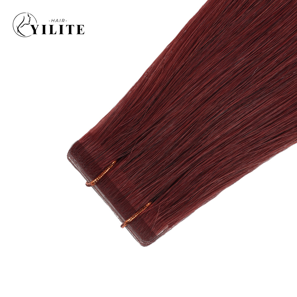Close-up of (#99J) Burgundy Narrow Mini Tape In Hair Extensions 