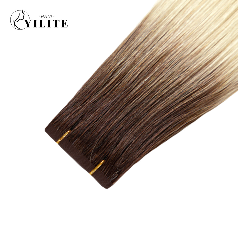 Close-up of (#T2/60) Darkest Brown to Platinum Blonde Narrow Mini Tape In Hair Extensions 