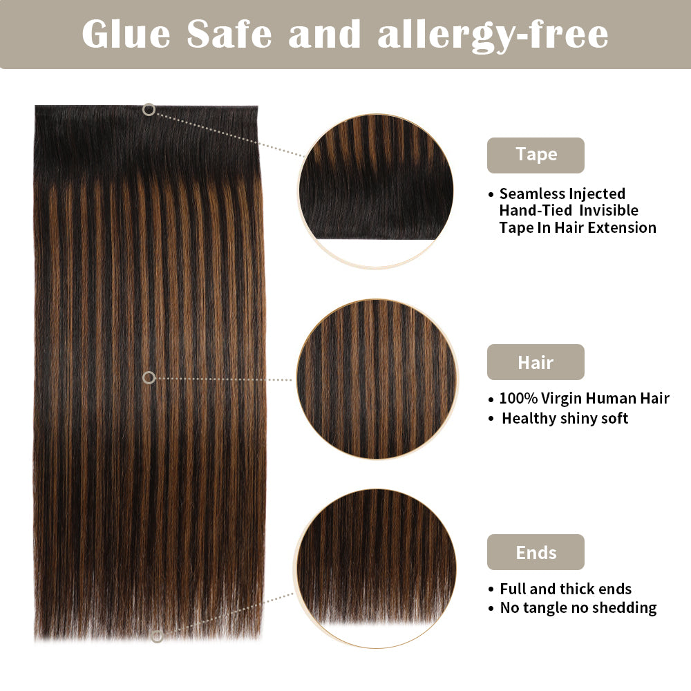 Details of (#P1B/6/T1B) Tape Weft Hair Extensions: Seamless Tape, Virgin Hair, Thick Ends