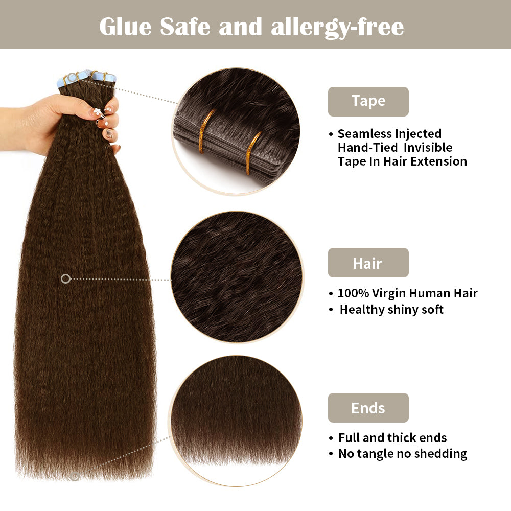 (#2) Darkest Brown Kinky Straight Invisible Tape Ins with Safety Tapes and Full Hair Ends