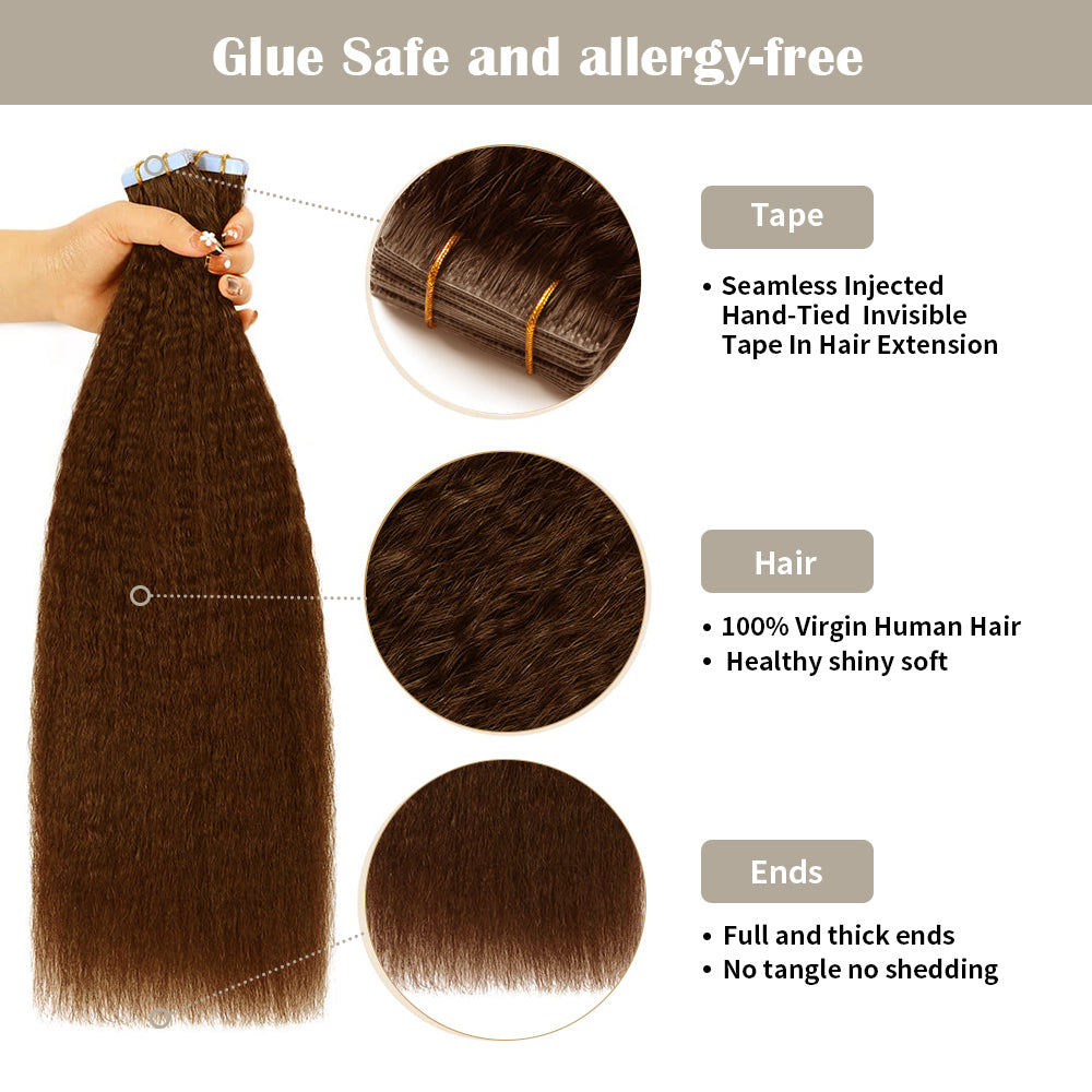 (#4) Chocolate Brown Kinky Straight Invisible Tape Ins with Safety Tapes and Full Hair Ends
