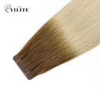 Close-up of (#T8/60) Light Brown to Platinum Blonde Narrow Mini Tape In Hair Extensions