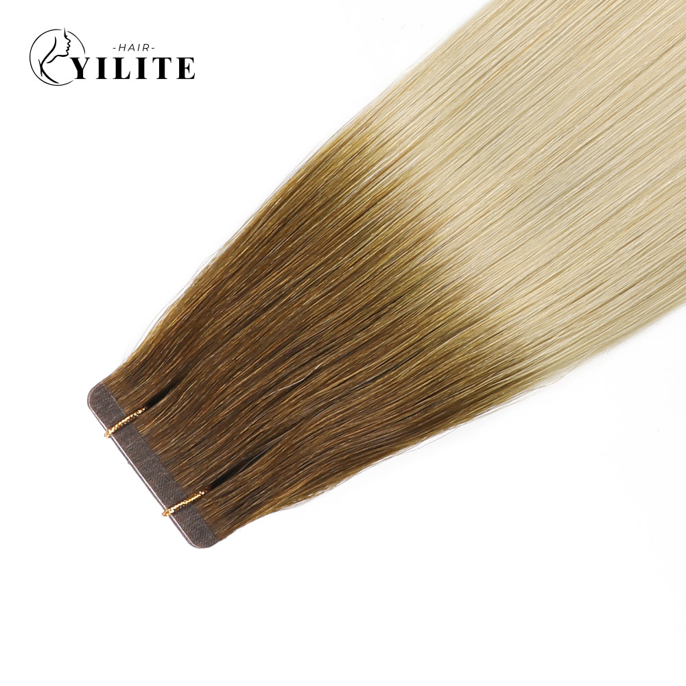 Close-up of (#T8/60) Light Brown to Platinum Blonde Narrow Mini Tape In Hair Extensions