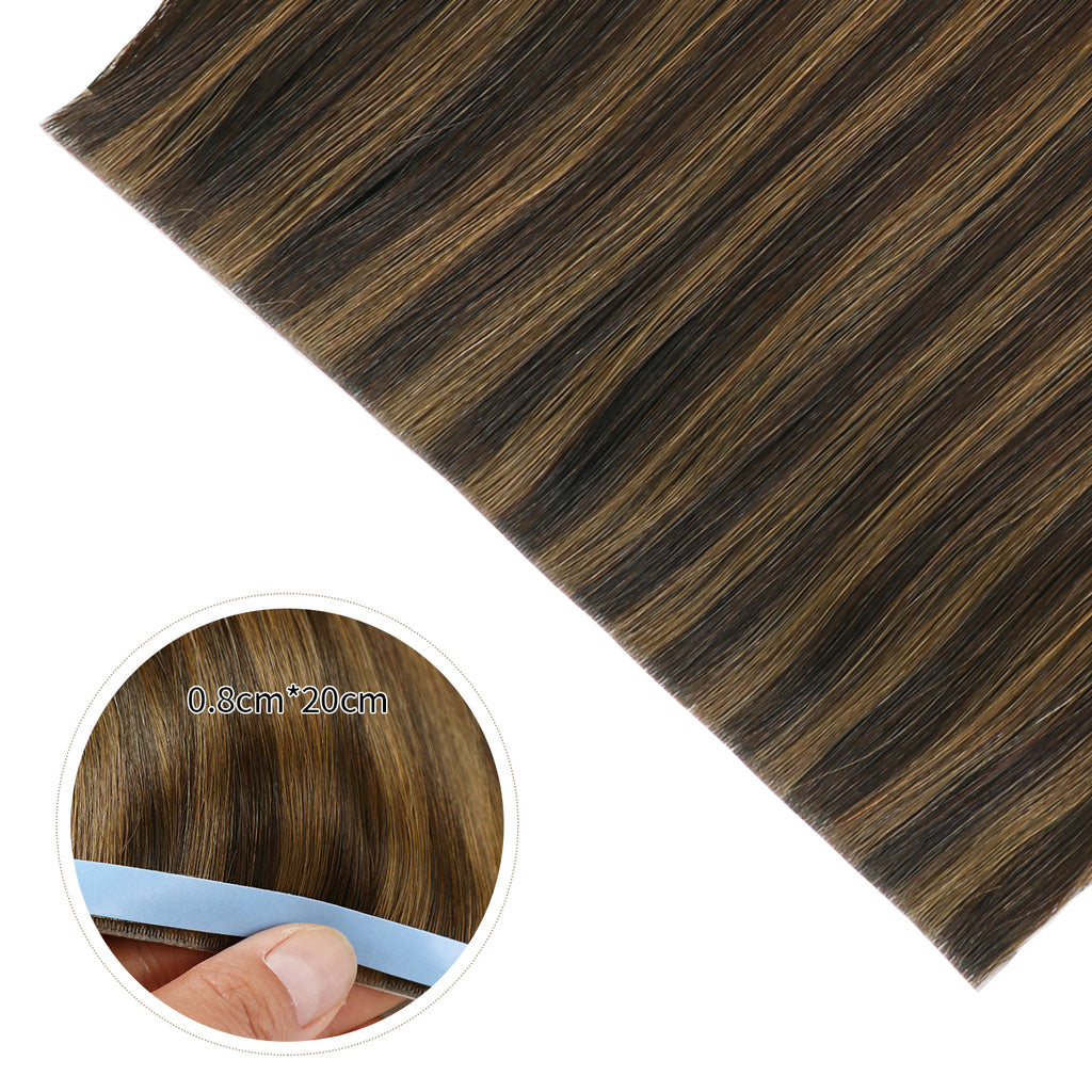 Close-up of (#P2/6) Darkest Brown Balayage Tape Weft Hair Extensions