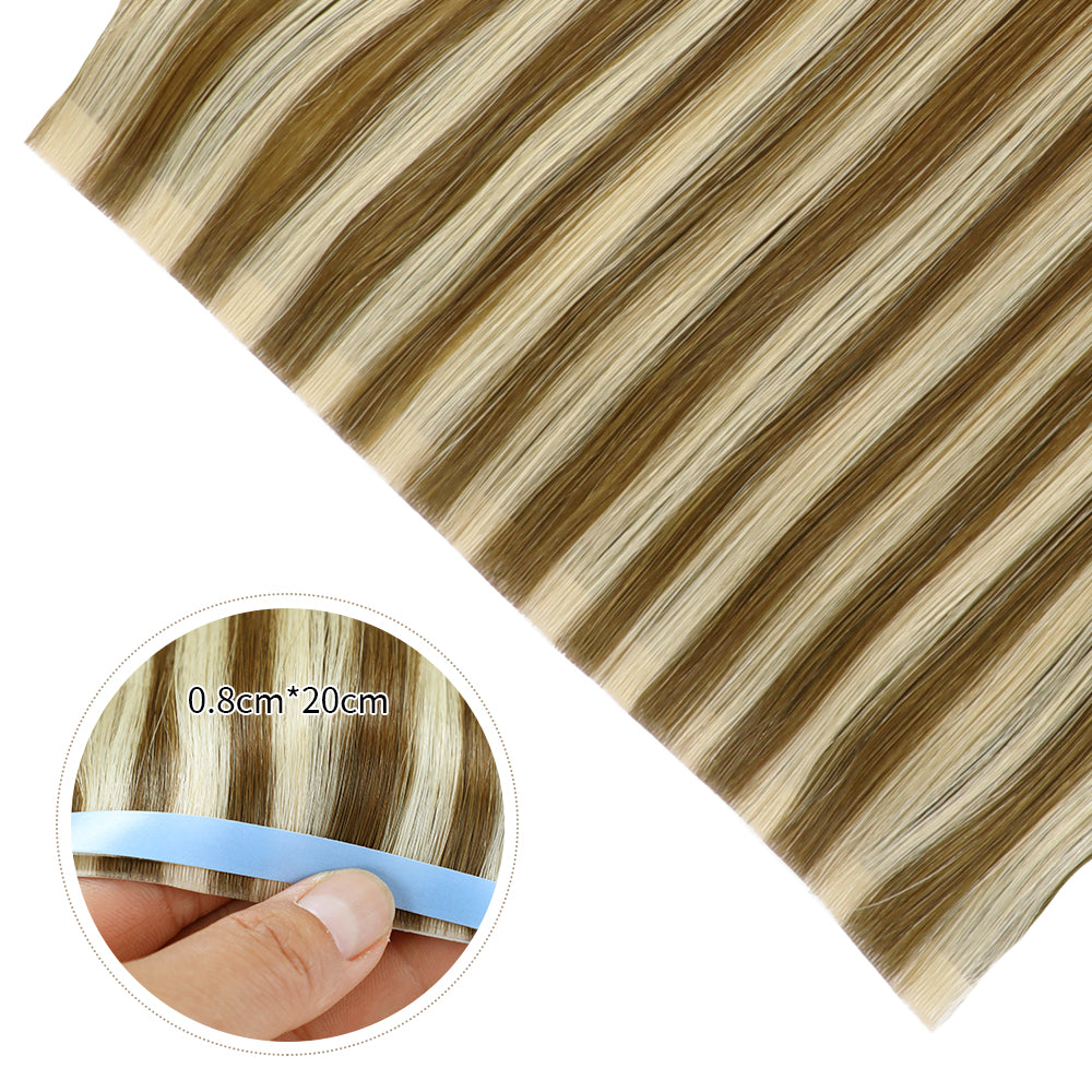 Close-up of (#P6/613) Chestnut Brown Balayage Tape Weft Hair Extensions