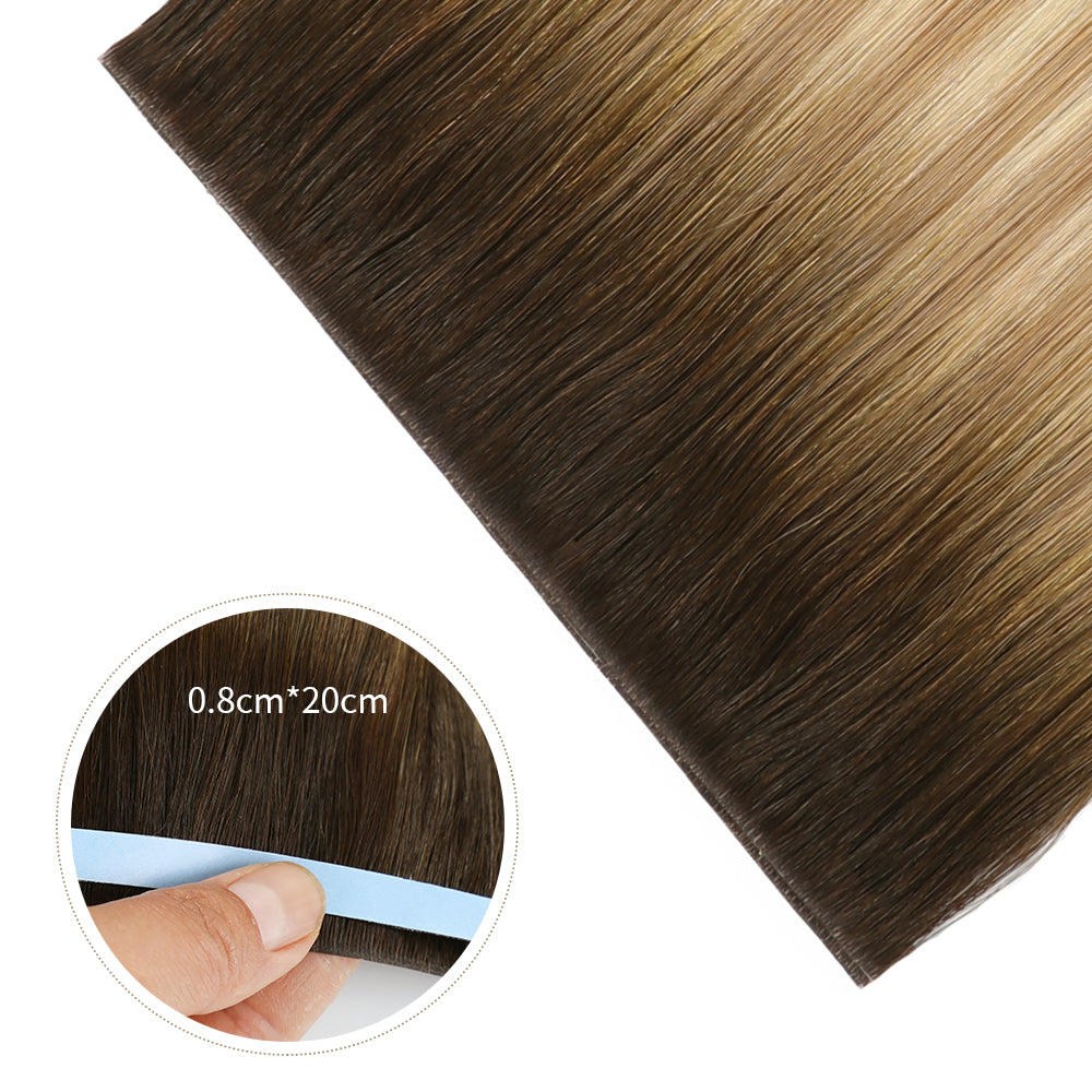 Close-up of (#T2/P18/60) Darkest Brown with Ash Blonde Balayage Tape Weft Hair Extensions
