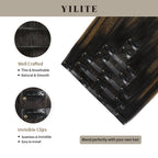 Seamless Clip Ins 7Pcs with Front View Thumbnail and Close-Up of Clips (#P1B/6/T1B)