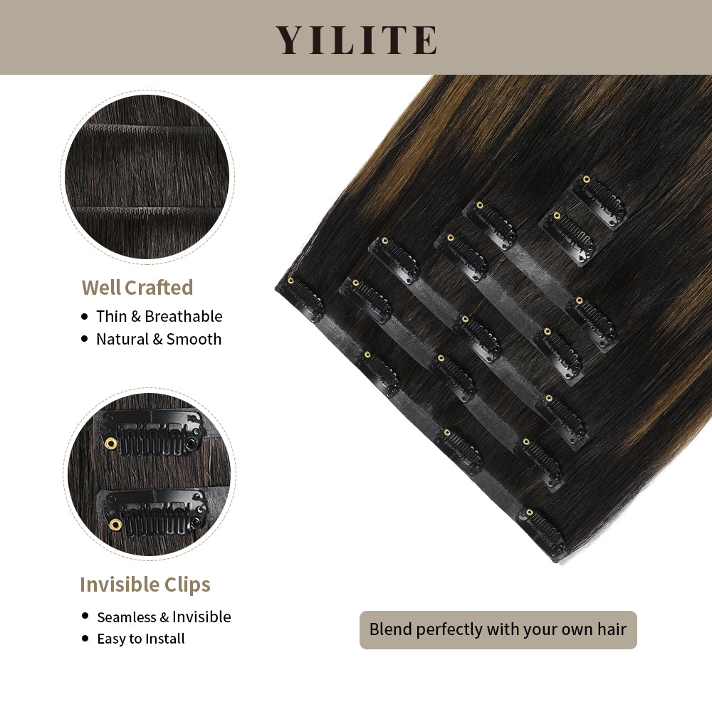 Seamless Clip Ins 7Pcs with Front View Thumbnail and Close-Up of Clips (#P1B/6/T1B)