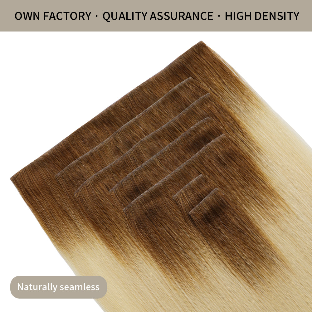 Seamless Clip Ins 7Pcs with Close-up of Clips (#T8/60) Light Brown to Platinum Blonde