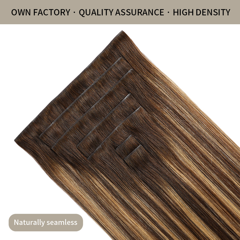 Seamless Clip Ins 7Pcs with Close-up of Clips (#P4/27/T4) Chocolate Brown to Caramel Blonde