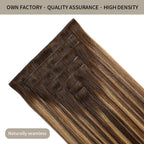 Seamless Clip Ins 7Pcs with Close-up of Clips (#P4/27/T4) Chocolate Brown to Caramel Blonde