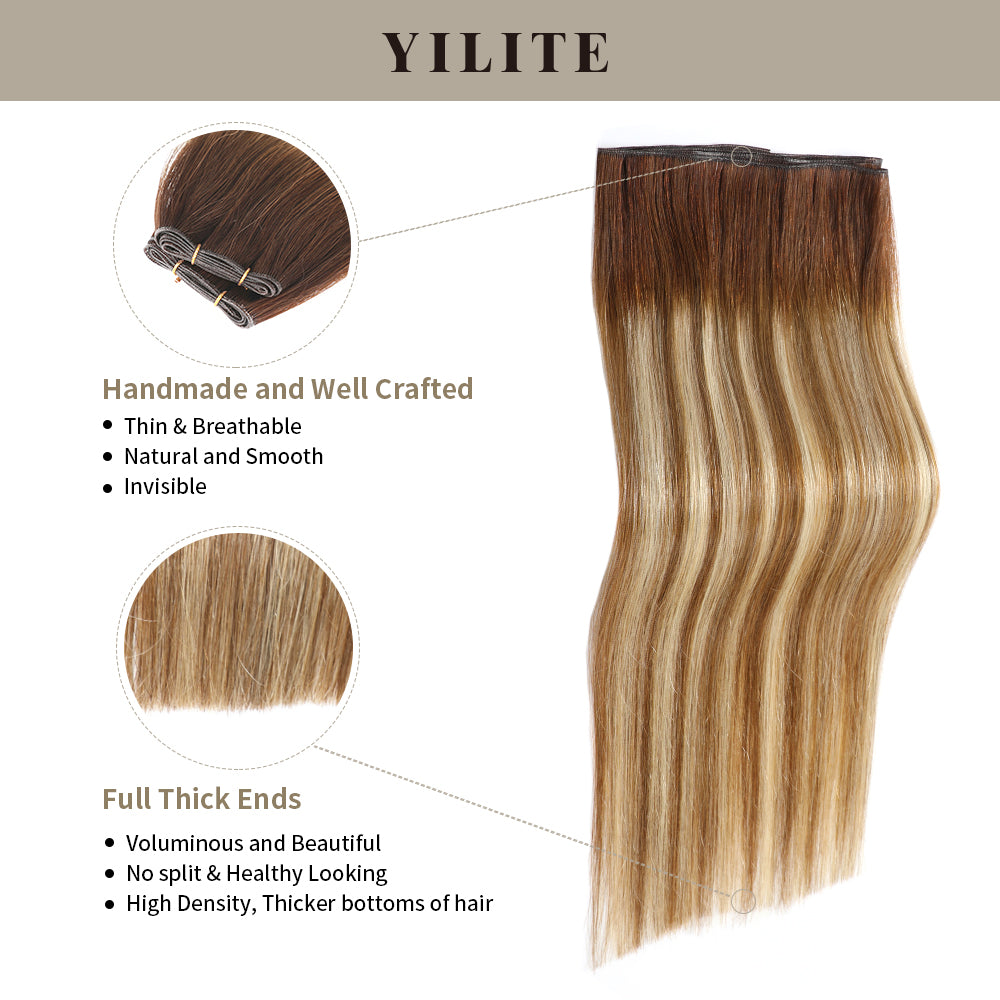 Close-up of (#P6/613/T4) Brown to Blonde Balayage Genius Weft, High-Density, Naturally Seamless