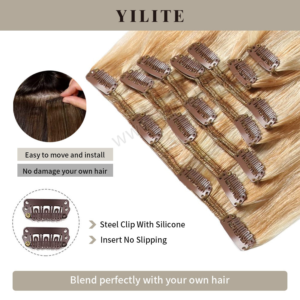 Close-up of (#P27/613) Strawberry Blonde Bleach Blonde Classic Clip Ins