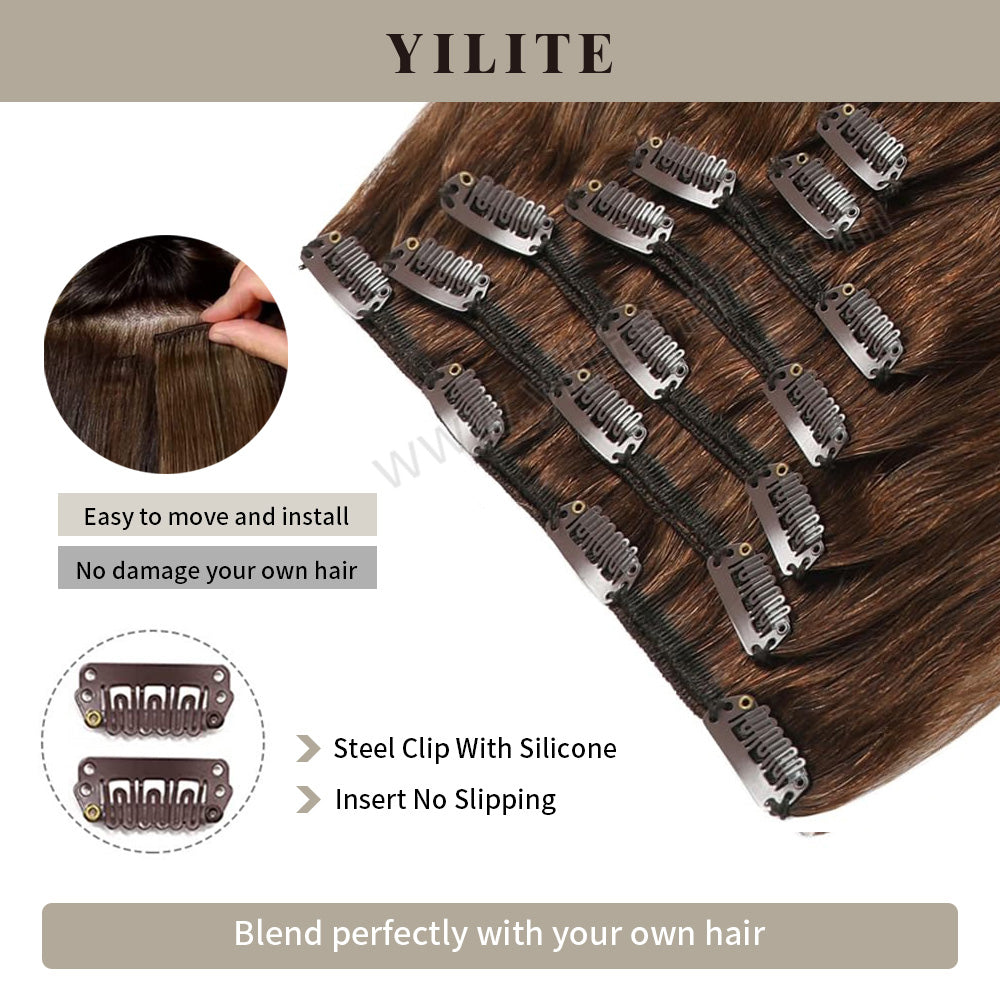 Close-up of (#4) Chocolate Brown Classic Clip Ins 