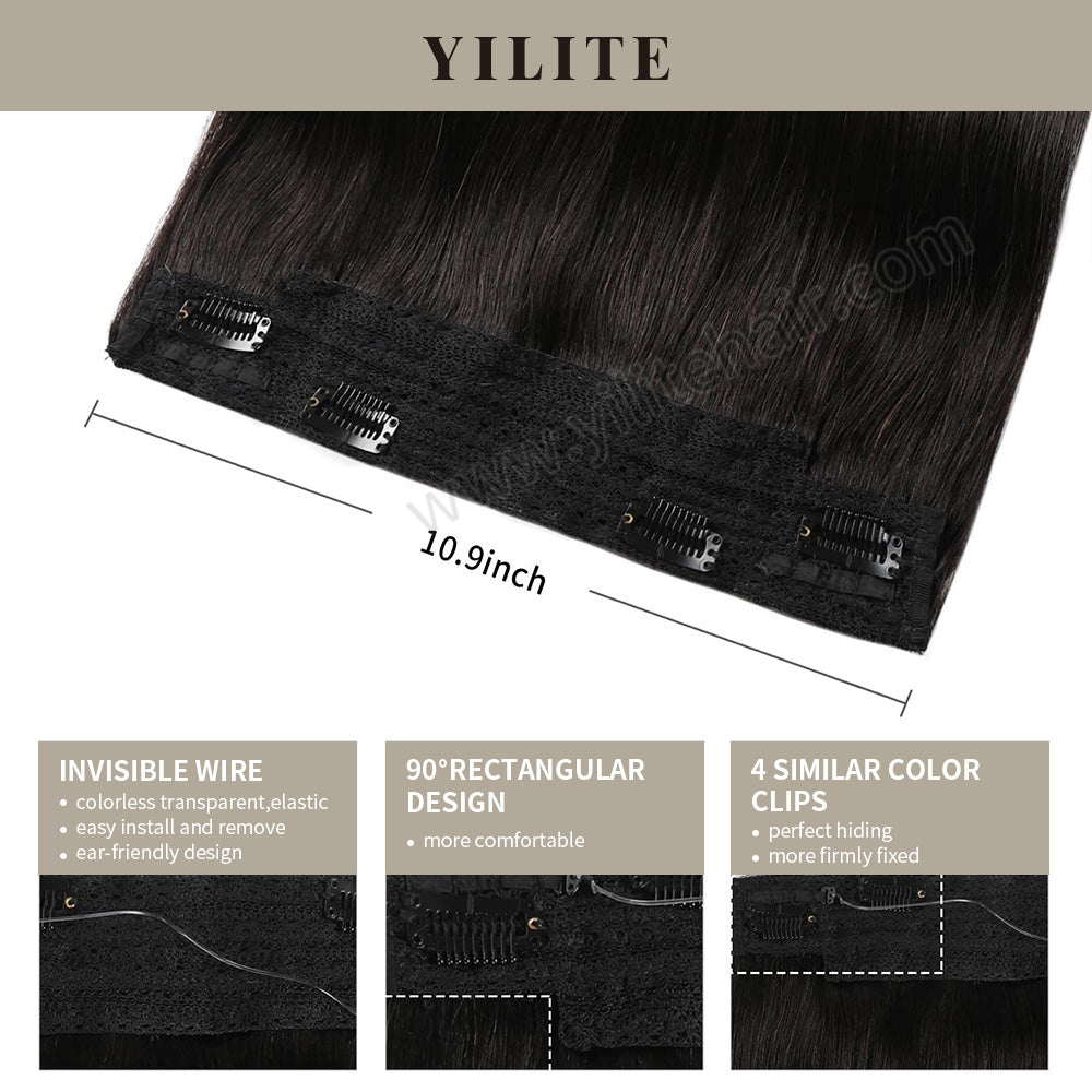 Details of (#1B) Natural Black Wire Extensions: Invisible Wire, 90° Rectangular Design, and 4 Clips