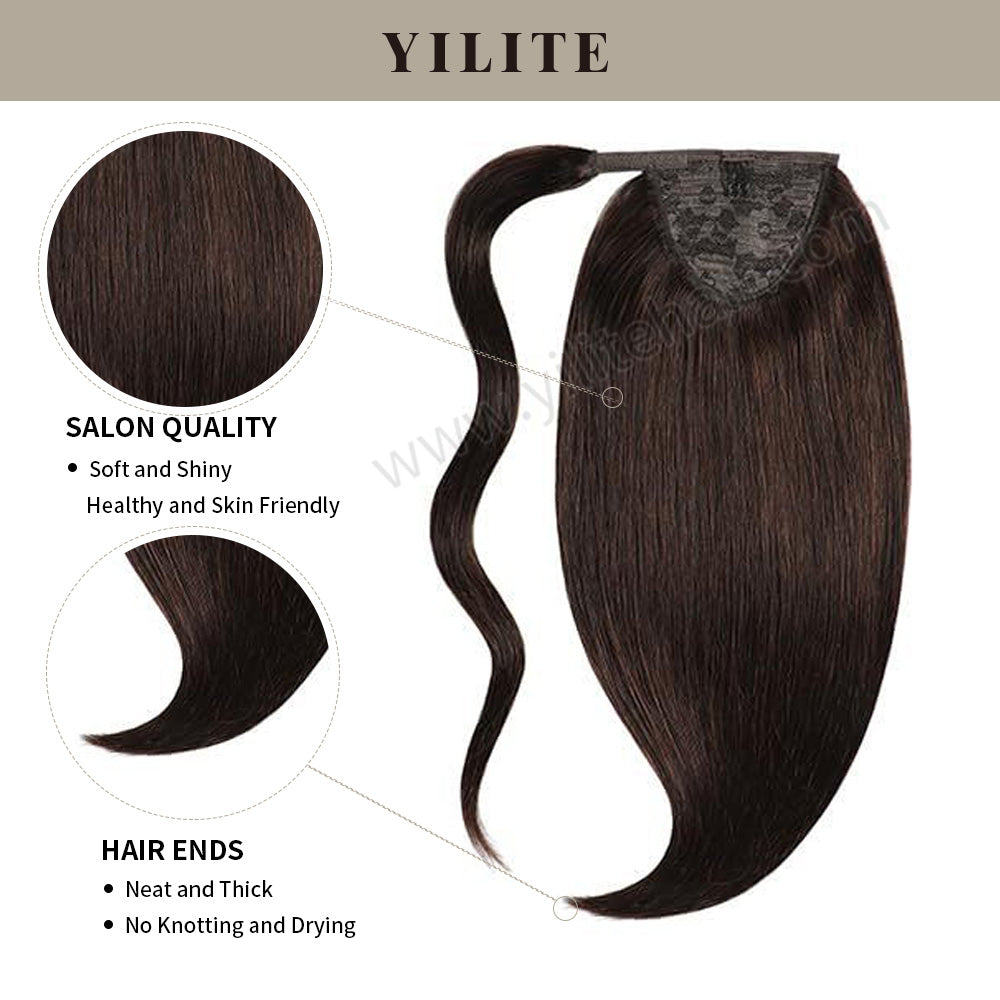 (#2) Darkest Brown Wrap Around Ponytail Extension with Salon Quality and Thick Ends